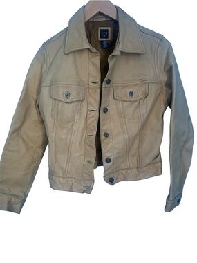 Vintage Y2K Gap Tan Camel Leather Trucker Jacket Rare Size S